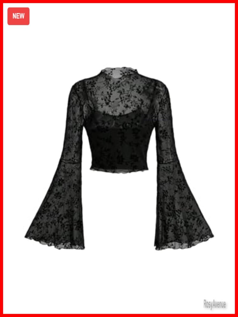 Gothic Mesh Bell Sleeve Crop Top Floral See Through Long Sleeve